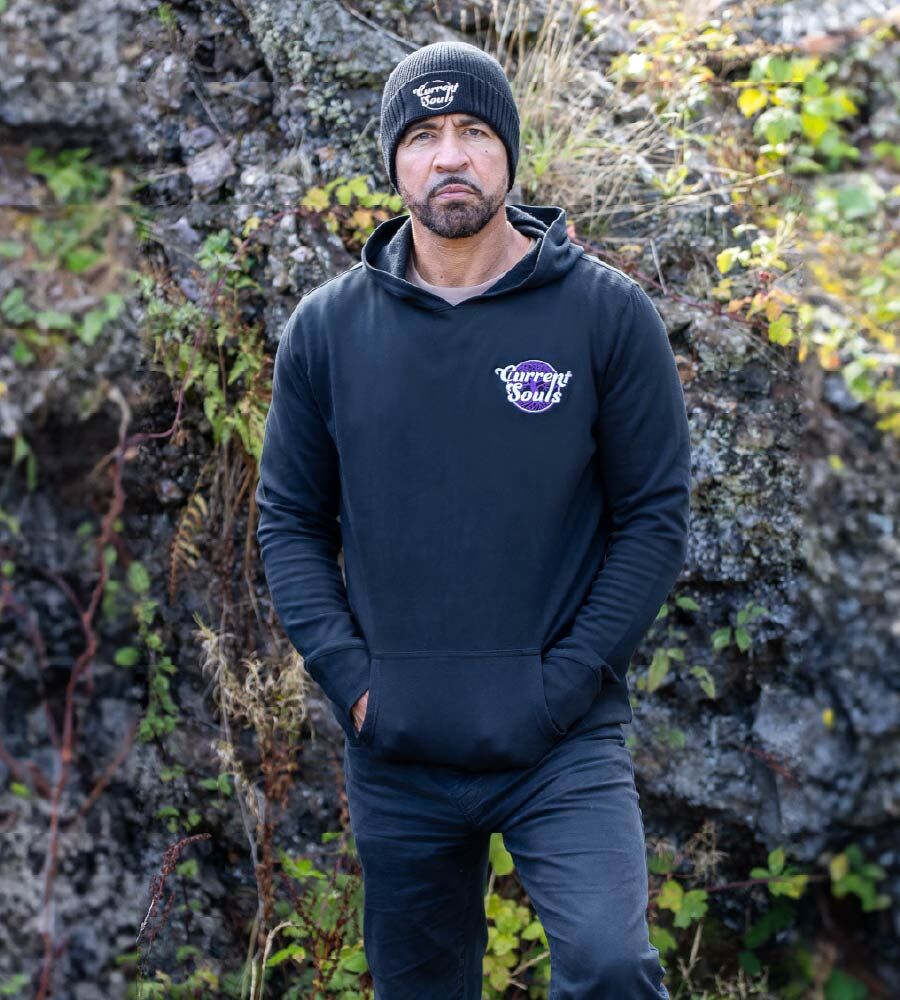 Black hood front 2 Organic Embroidered Chakra Hoodie - Image 1