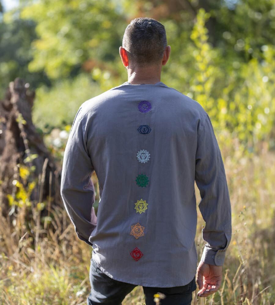 Grey shirt back Organic Embroidered Spiritual Buddah Shirt - Image 1